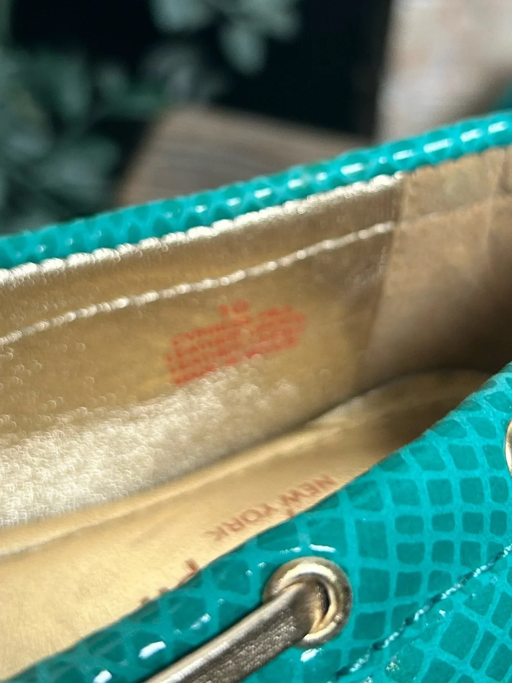 Marc Joseph New York Turquoise Snakeskin Driving Loafers Gold Bow Size 10